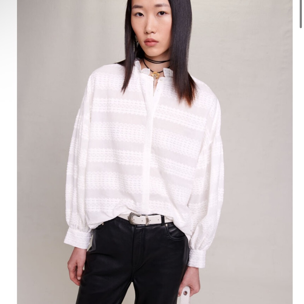 Maje White Embroidered Band-Collar Popover Blouse